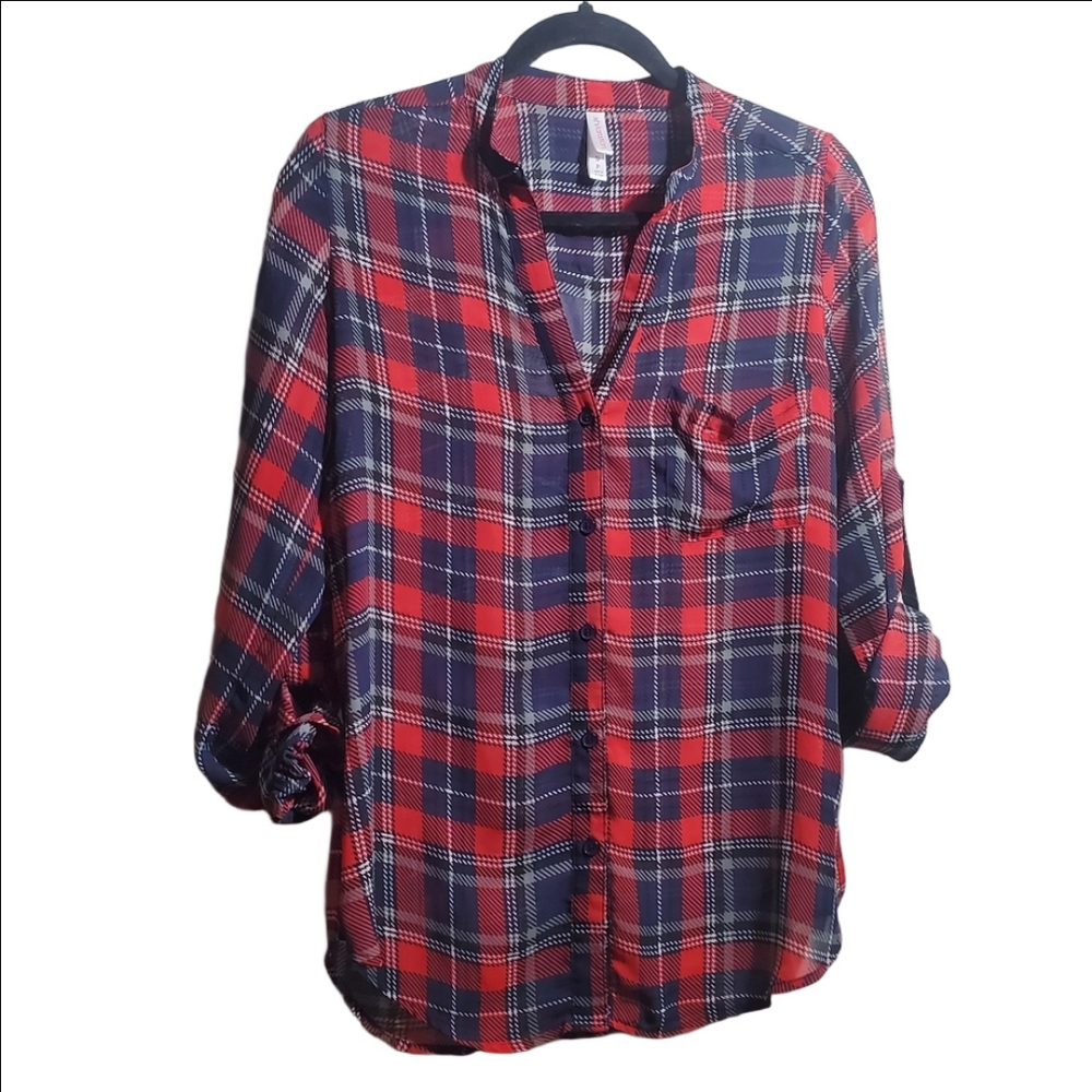 Xhilaration Button Up Shirt Multicolor Plaid Long Roll Tab Sleeve Pocket  SM